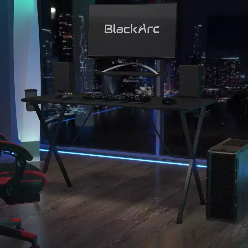 Bureau gaming avec plateau stratifié et cadre en acier - Porte-gobelet détachable, crochet pour casque et support smartphone/écran