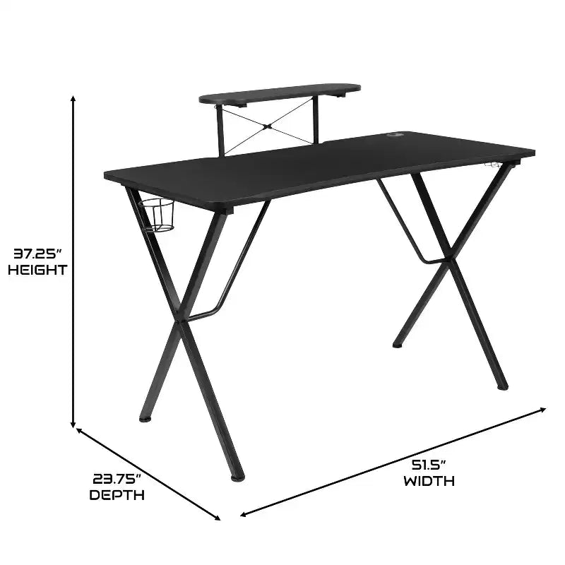 Gaming Desk with Laminate Top and Steel Frame - Detachable Cupholder, Headphone Hook & Smartphone/Monitor Stand