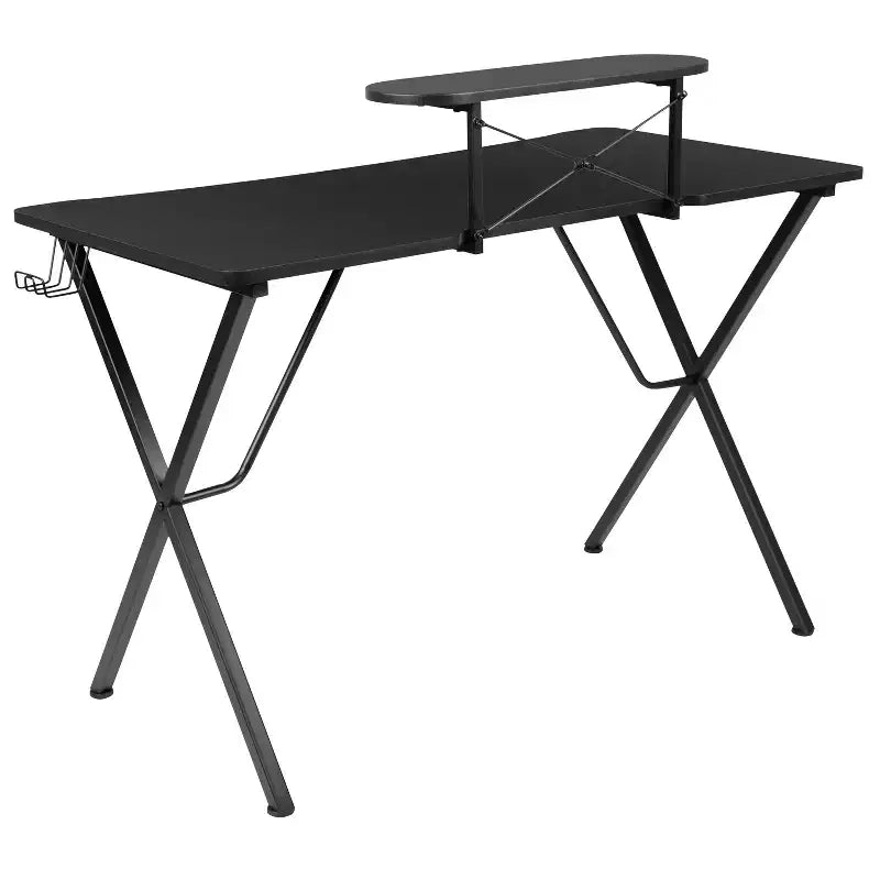 Bureau gaming avec plateau stratifié et cadre en acier - Porte-gobelet détachable, crochet pour casque et support smartphone/écran
