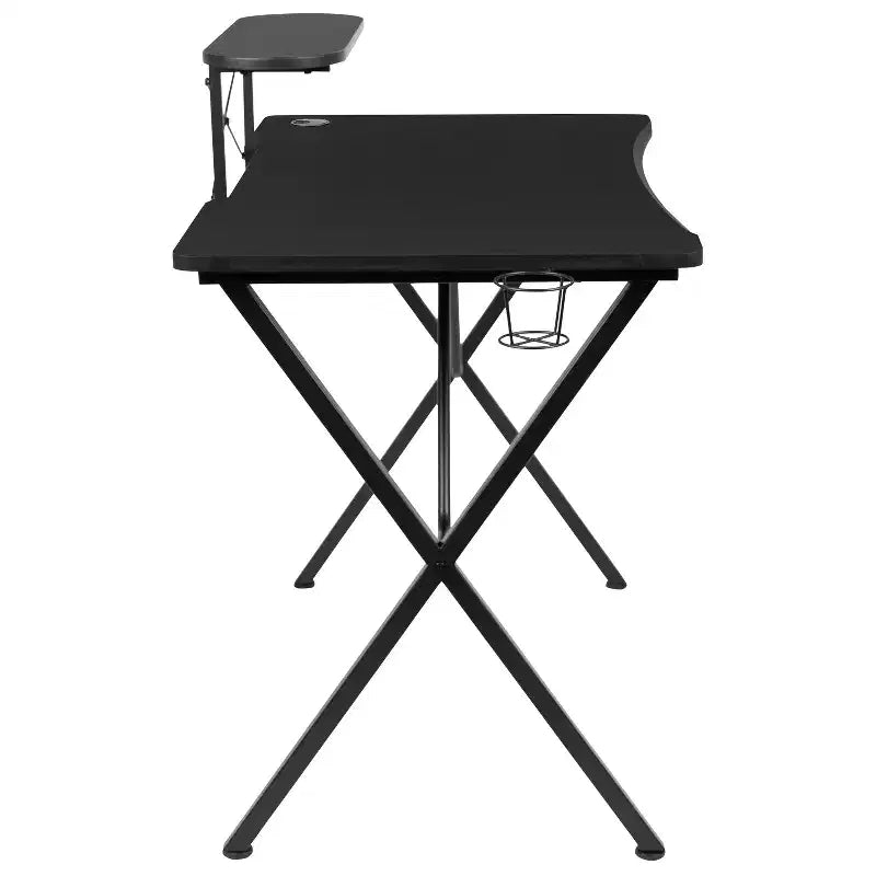 Bureau gaming avec plateau stratifié et cadre en acier - Porte-gobelet détachable, crochet pour casque et support smartphone/écran