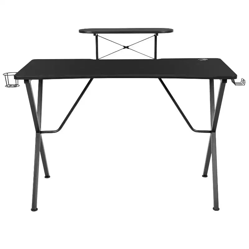 Bureau gaming avec plateau stratifié et cadre en acier - Porte-gobelet détachable, crochet pour casque et support smartphone/écran