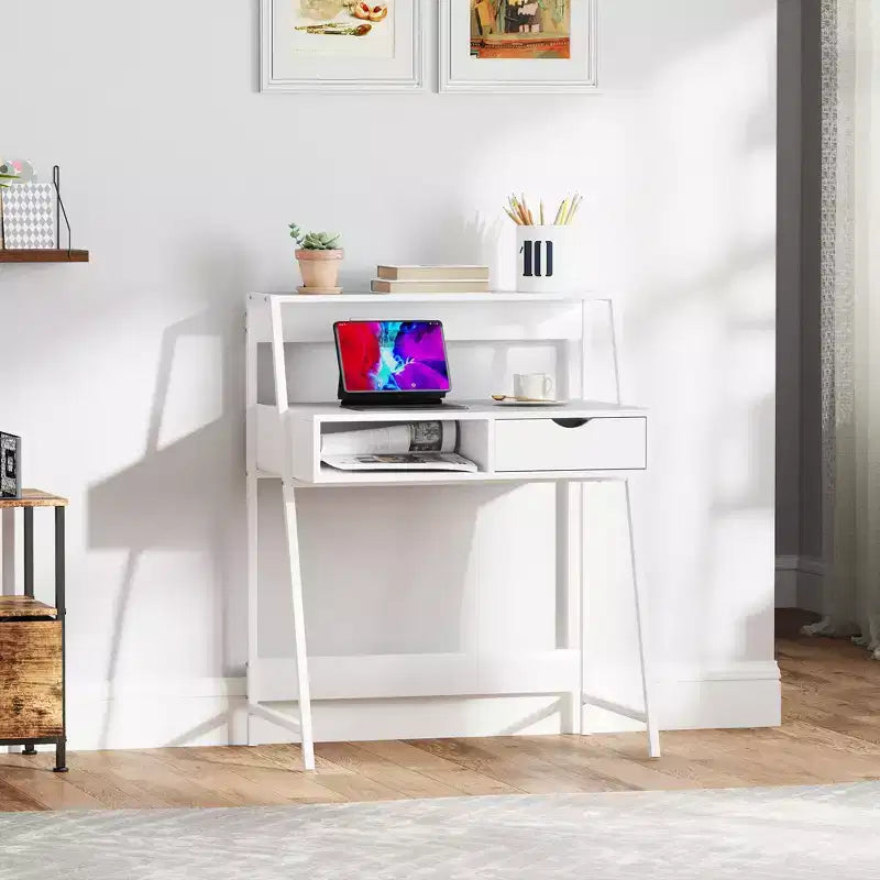 Bureau d'ordinateur à domicile, Bureau pour petits espaces, Table d'écriture avec tiroir et étagères de rangement