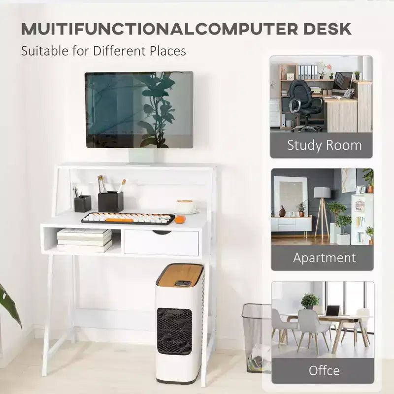 Bureau d'ordinateur à domicile, Bureau pour petits espaces, Table d'écriture avec tiroir et étagères de rangement