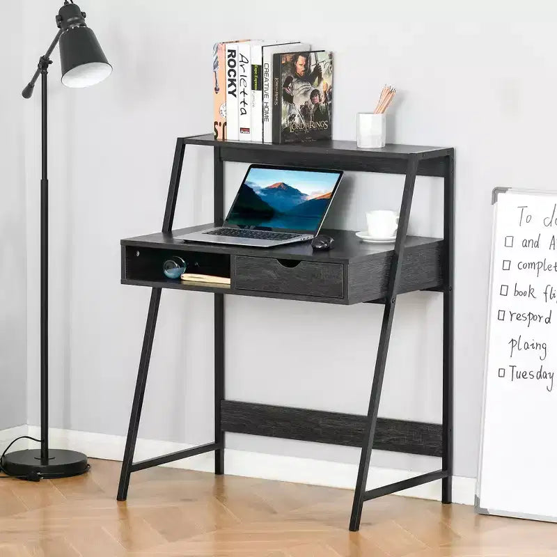 Home Office Desk, Computer Desk for Small Spaces, Writing Table with Drawer and Storage Shelves