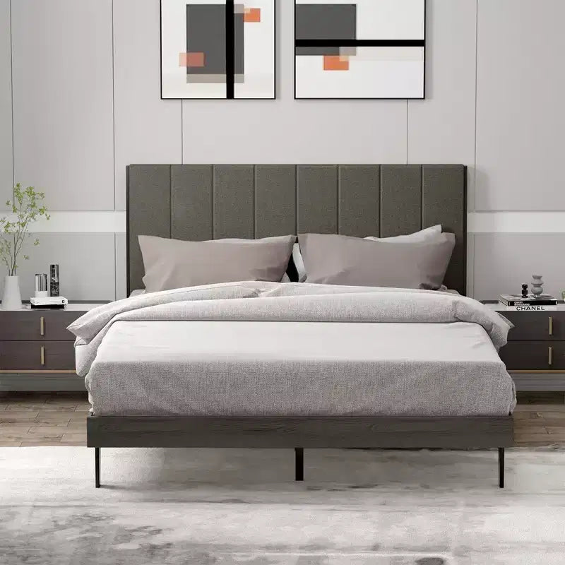 Upholstered Tufted Bed Wood Platform Mattress Foundation Headboard Queen