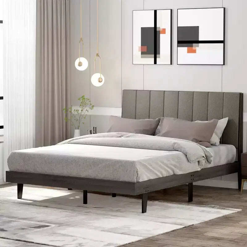Upholstered Tufted Bed Wood Platform Mattress Foundation Headboard Queen