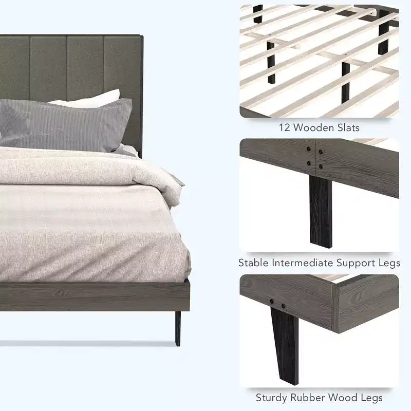 Upholstered Tufted Bed Wood Platform Mattress Foundation Headboard Queen