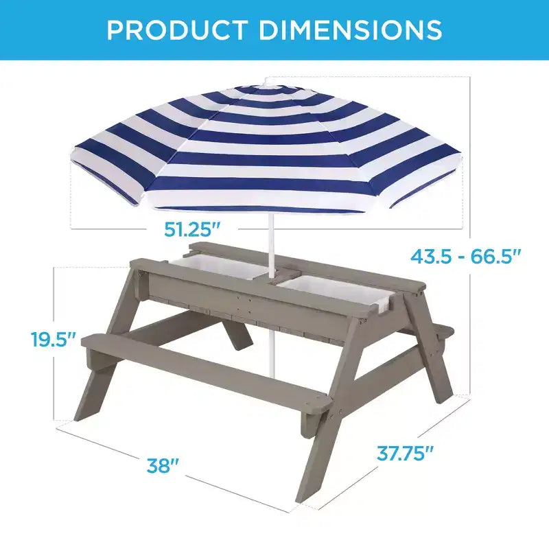 Table de pique-nique 3-en-1 avec parasol pour enfants (activités sable et eau)