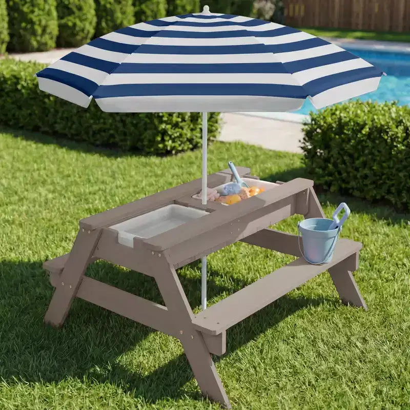 Table de pique-nique 3-en-1 avec parasol pour enfants (activités sable et eau)