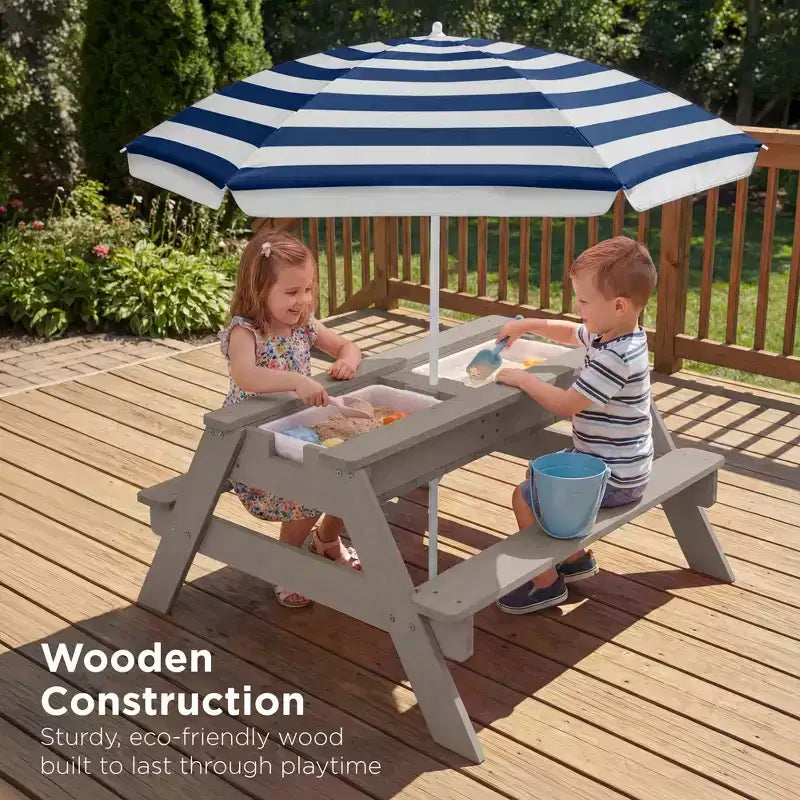 Table de pique-nique 3-en-1 avec parasol pour enfants (activités sable et eau)