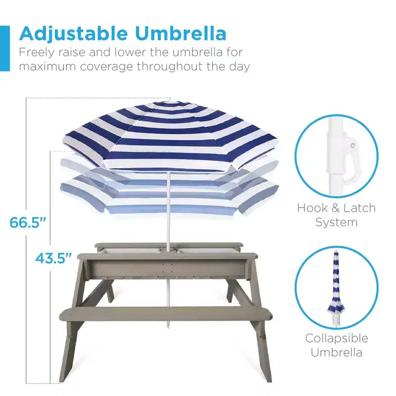 Table de pique-nique 3-en-1 avec parasol pour enfants (activités sable et eau)