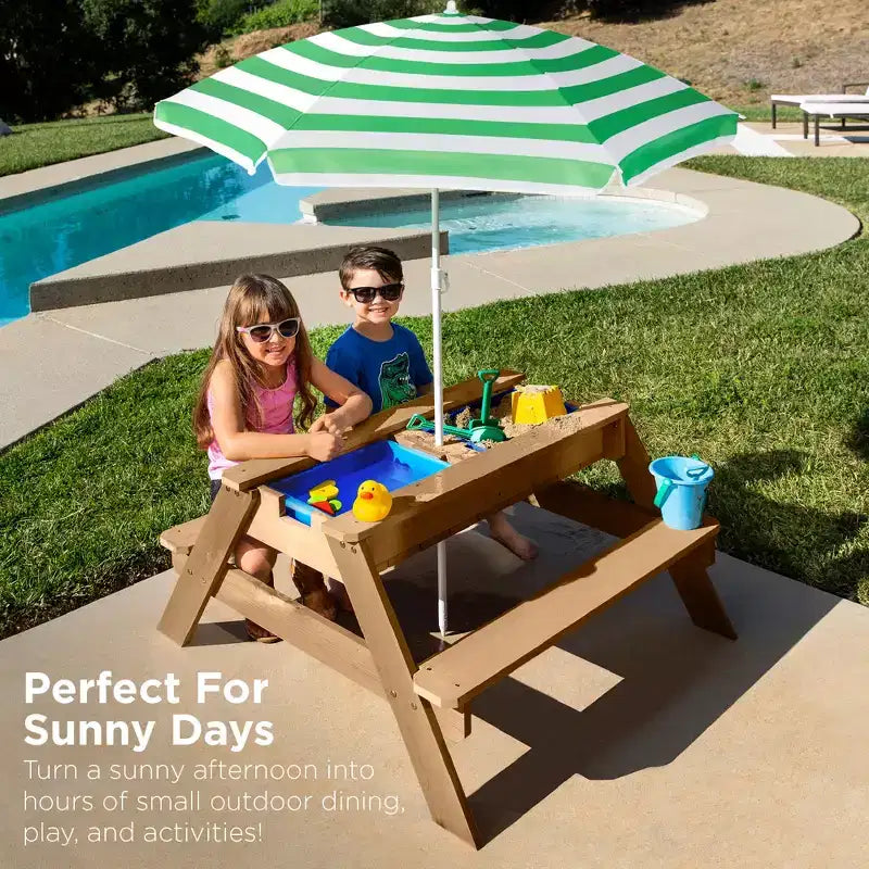 Table de pique-nique 3-en-1 avec parasol pour enfants (activités sable et eau)