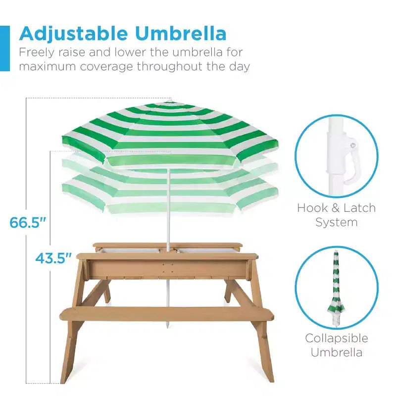 Table de pique-nique 3-en-1 avec parasol pour enfants (activités sable et eau)