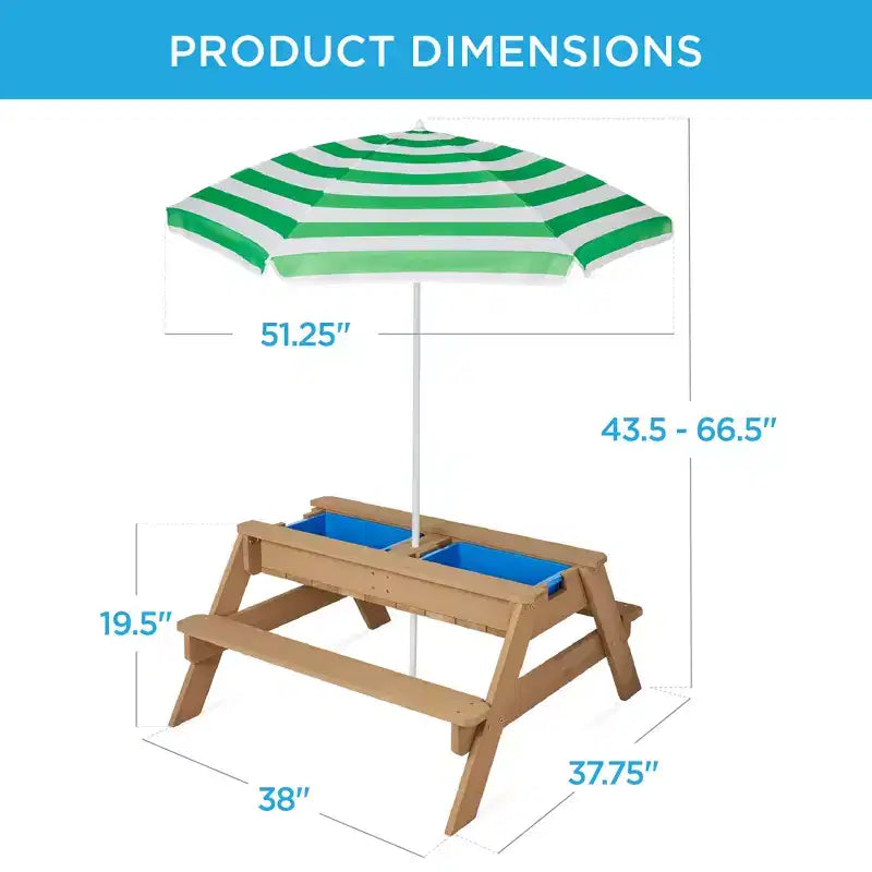 Table de pique-nique 3-en-1 avec parasol pour enfants (activités sable et eau)