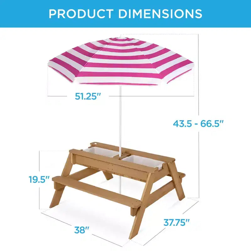 Table de pique-nique 3-en-1 avec parasol pour enfants (activités sable et eau)