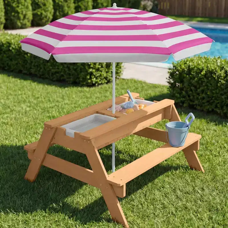 Table de pique-nique 3-en-1 avec parasol pour enfants (activités sable et eau)