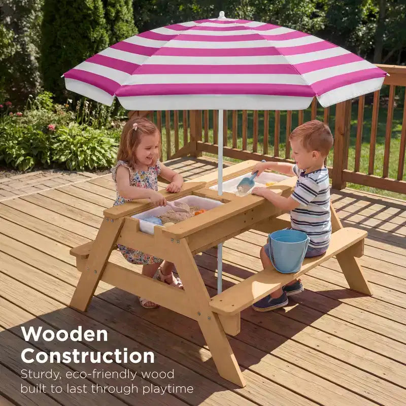 Table de pique-nique 3-en-1 avec parasol pour enfants (activités sable et eau)