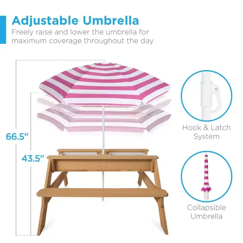 Table de pique-nique 3-en-1 avec parasol pour enfants (activités sable et eau)