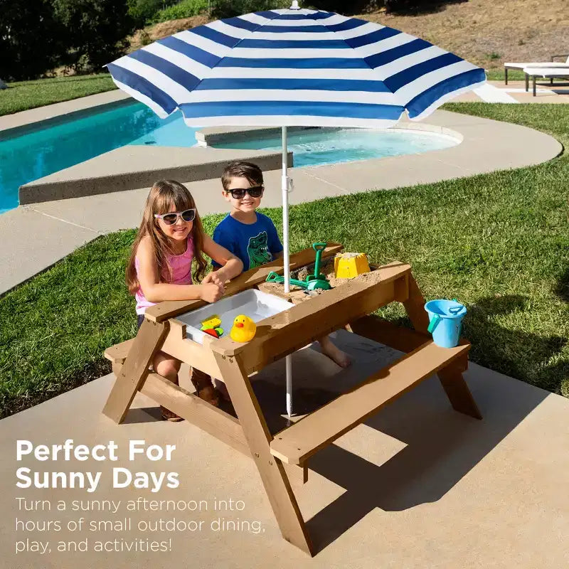 Table de pique-nique 3-en-1 avec parasol pour enfants (activités sable et eau)
