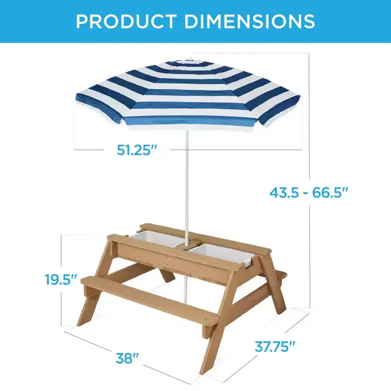 Table de pique-nique 3-en-1 avec parasol pour enfants (activités sable et eau)