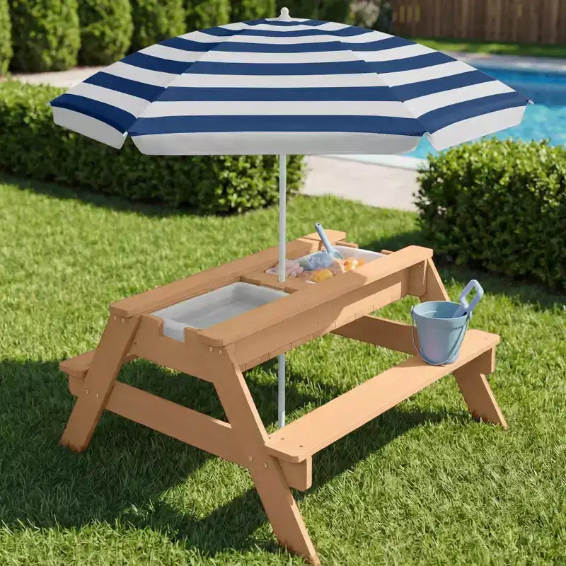 Table de pique-nique 3-en-1 avec parasol pour enfants (activités sable et eau)