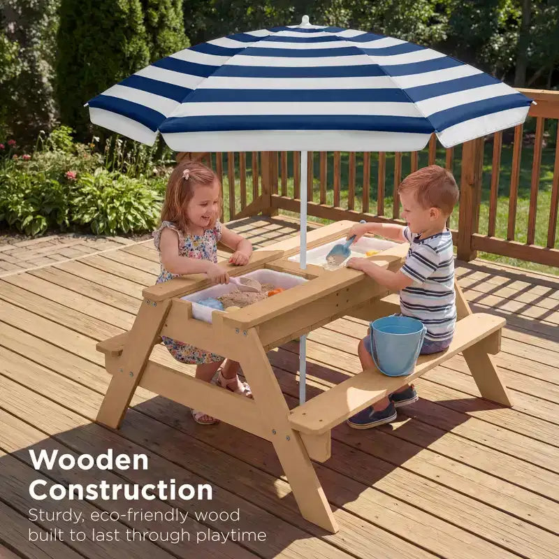 Table de pique-nique 3-en-1 avec parasol pour enfants (activités sable et eau)