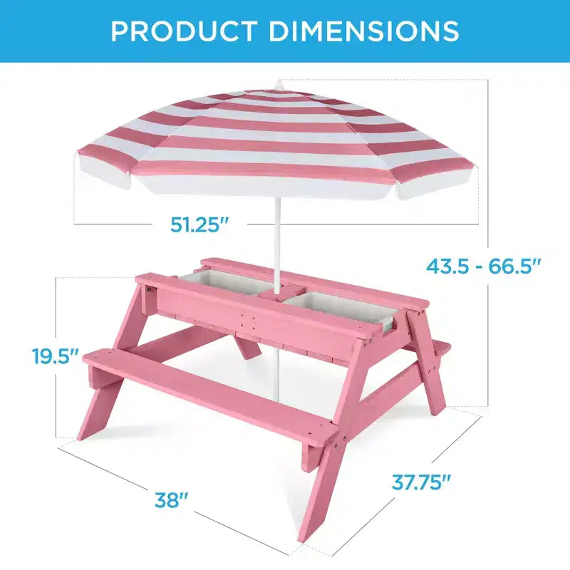 Table de pique-nique 3-en-1 avec parasol pour enfants (activités sable et eau)