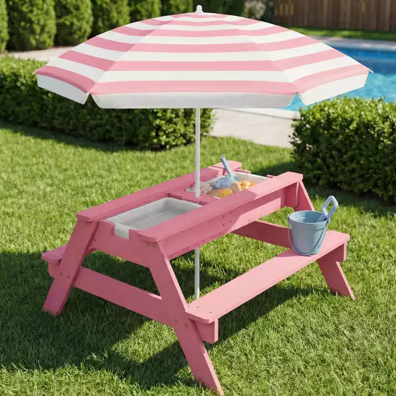 Table de pique-nique 3-en-1 avec parasol pour enfants (activités sable et eau)