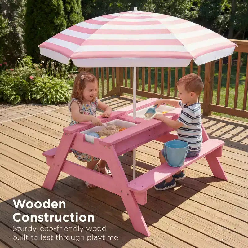 Table de pique-nique 3-en-1 avec parasol pour enfants (activités sable et eau)
