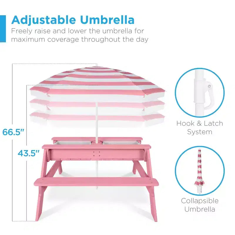 Table de pique-nique 3-en-1 avec parasol pour enfants (activités sable et eau)