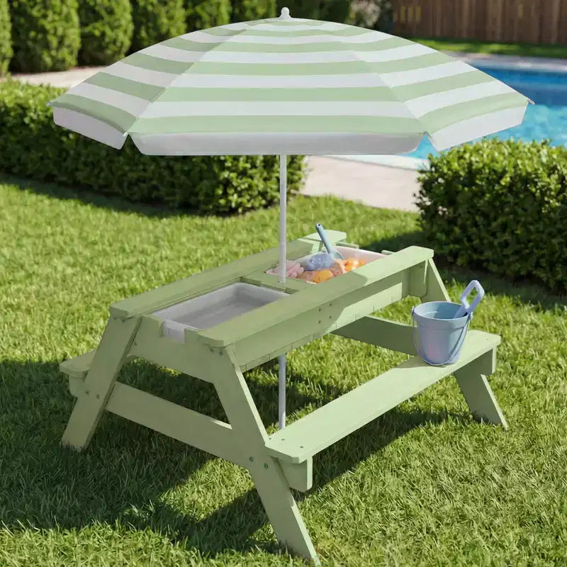 Table de pique-nique 3-en-1 avec parasol pour enfants (activités sable et eau)