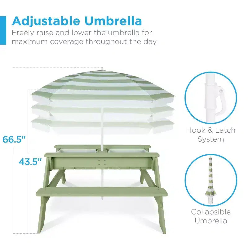 Table de pique-nique 3-en-1 avec parasol pour enfants (activités sable et eau)