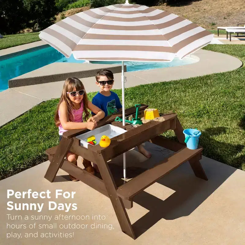 Table de pique-nique 3-en-1 avec parasol pour enfants (activités sable et eau)
