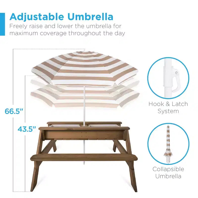 Table de pique-nique 3-en-1 avec parasol pour enfants (activités sable et eau)