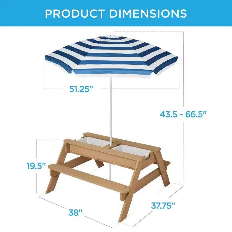 Table de pique-nique 3-en-1 avec parasol pour enfants (activités sable et eau)