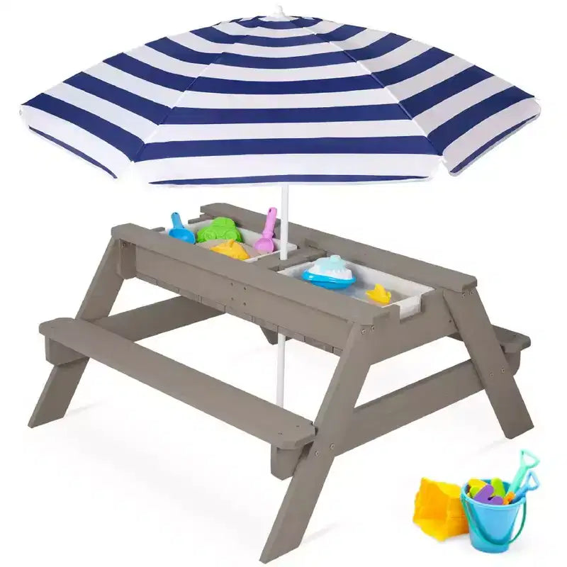 Kids 3-in-1 Outdoor Sand and Water Activity Picnic Table with Umbrella