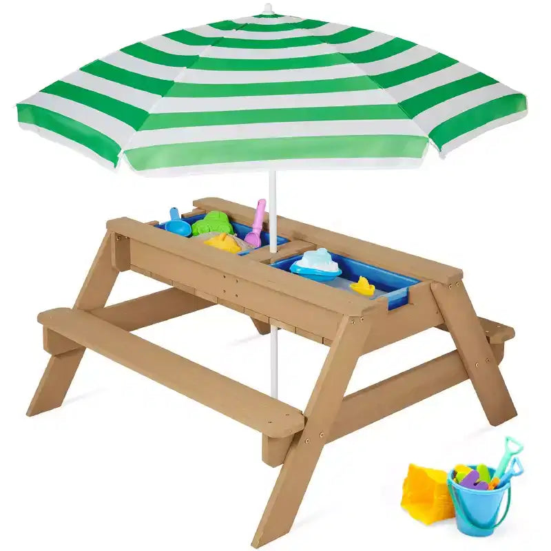 Kids 3-in-1 Outdoor Sand and Water Activity Picnic Table with Umbrella