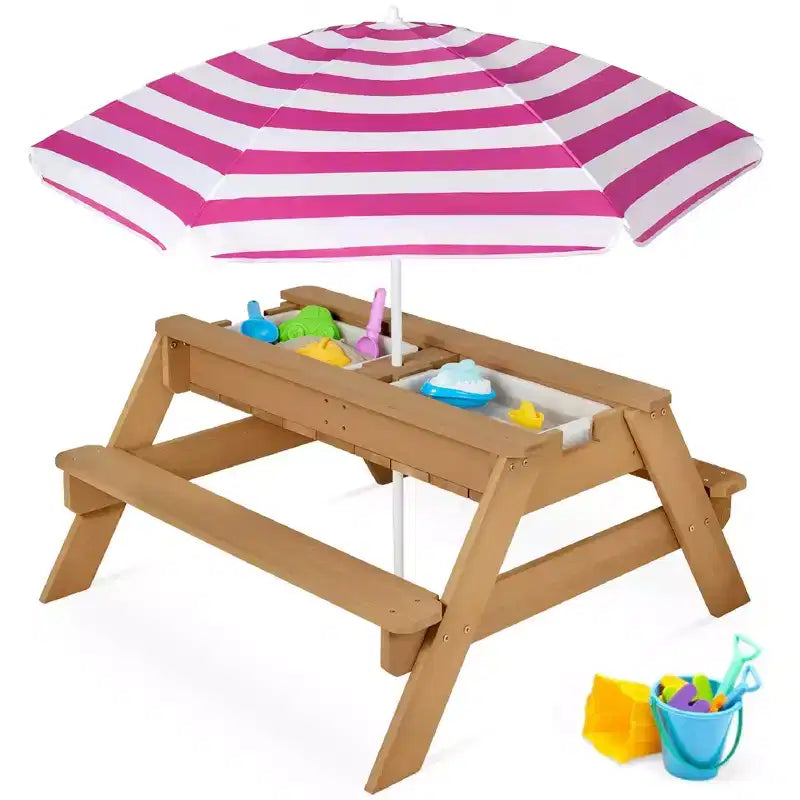 Kids 3-in-1 Outdoor Sand and Water Activity Picnic Table with Umbrella