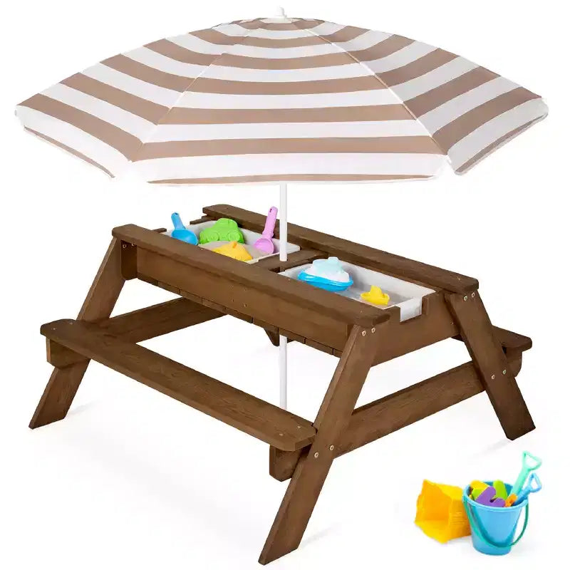 Kids 3-in-1 Outdoor Sand and Water Activity Picnic Table with Umbrella