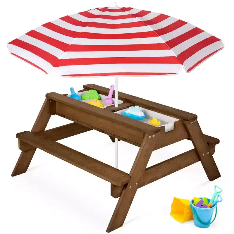 Kids 3-in-1 Outdoor Sand and Water Activity Picnic Table with Umbrella